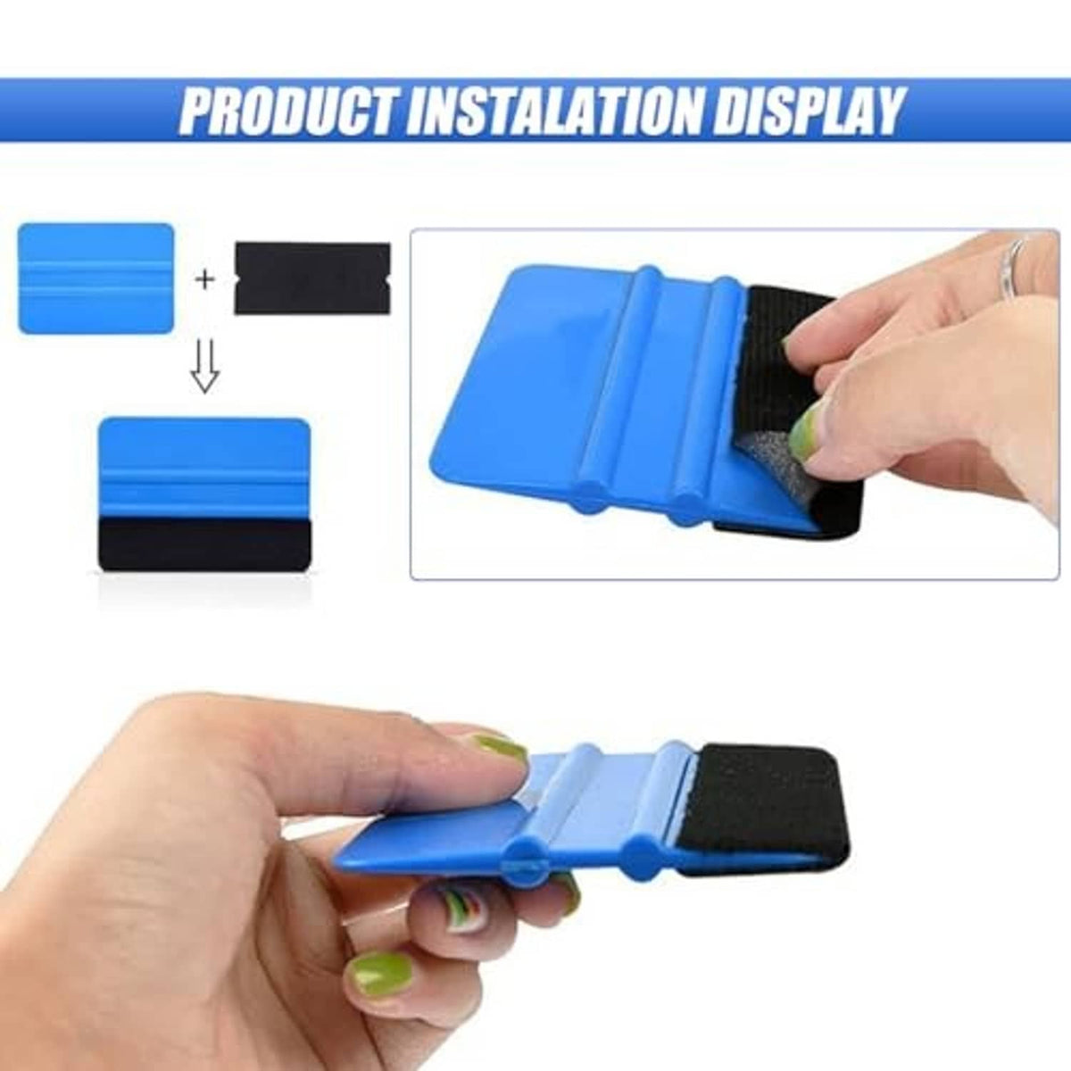 Blue squeegee tool with black felt edge shown being assembled by hand