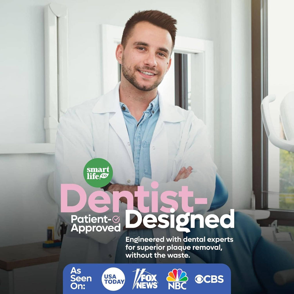 Dentist holding a beige U-shaped floss pick near teeth for gentle cleaning