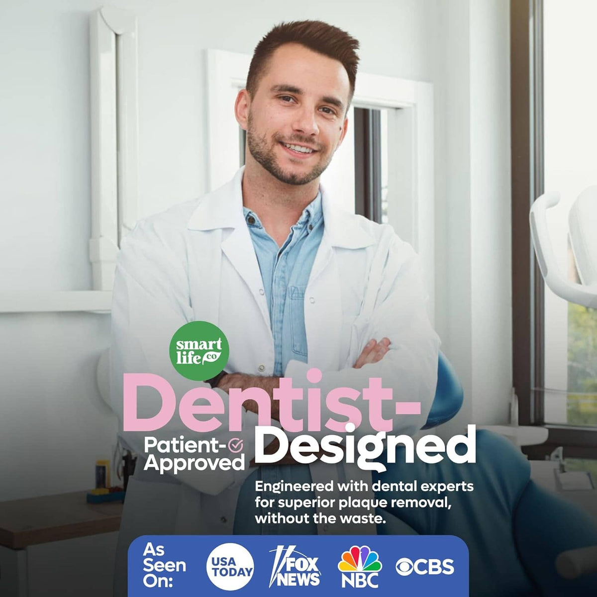 Dentist holding a beige U-shaped floss pick near teeth for gentle cleaning