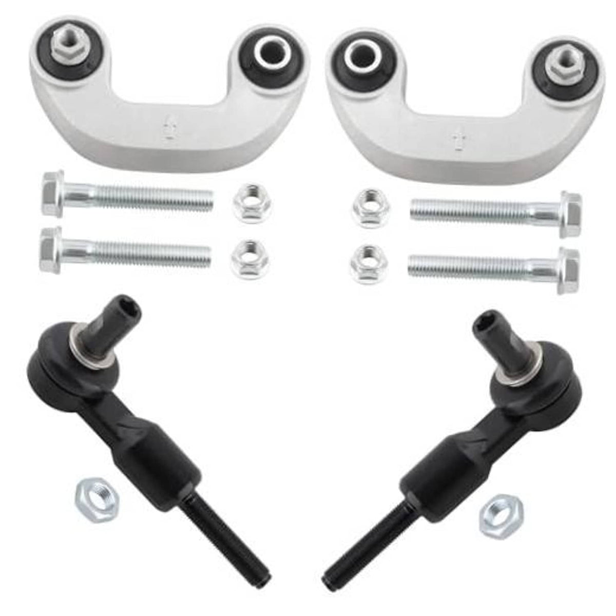 Front outer tie rod end & sway bar end link kit with 2 grey brackets, black joints, bolts
