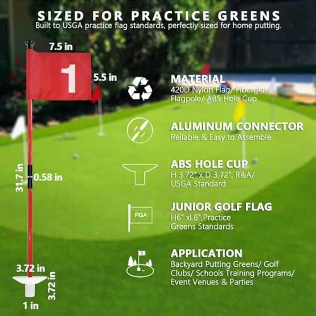 Red junior-style golf practice flag with white ABS hole cup and aluminum connector