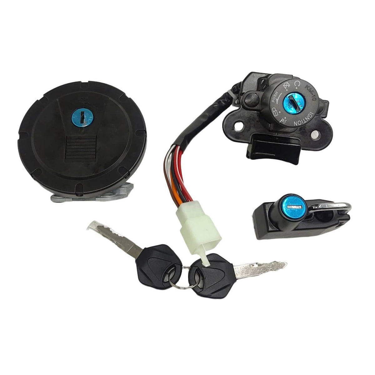 Gas cap lock set with ignition switch, keys, and wiring harness connector