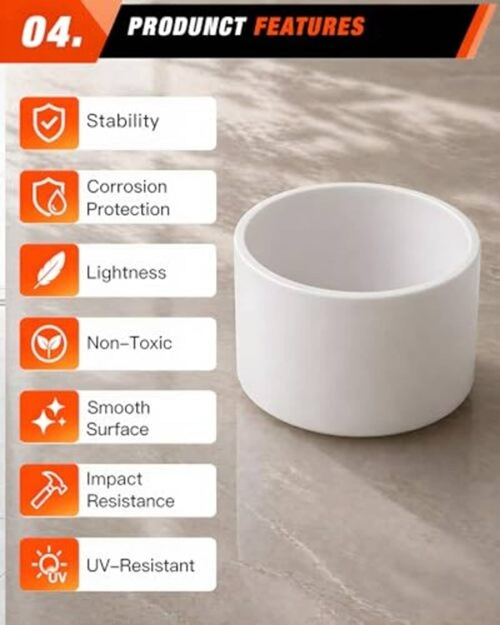 White PVC end cap with labeled features: stability, corrosion protection, smooth surface