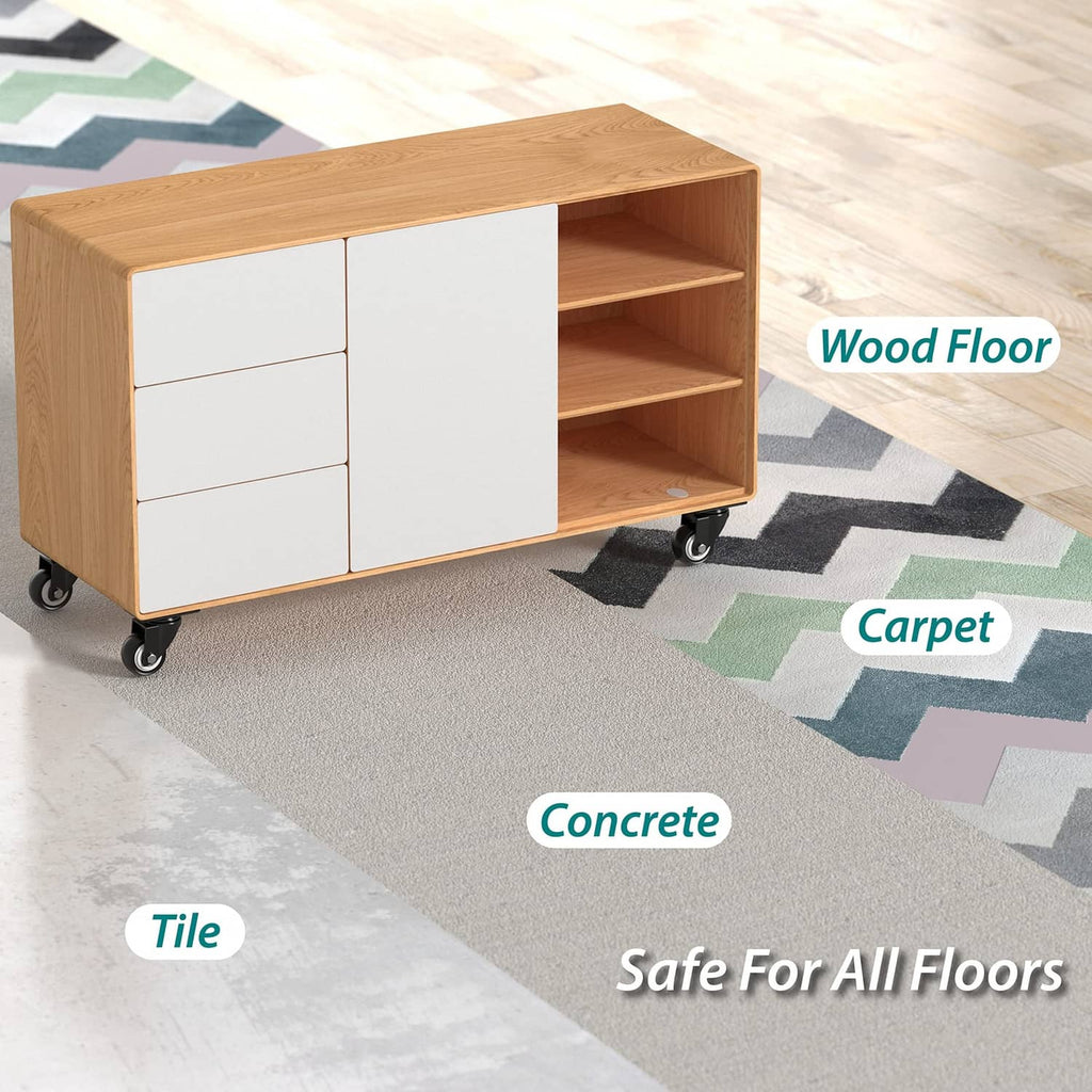 Swivel caster wheels under a wooden cabinet base for smooth rolling on floors