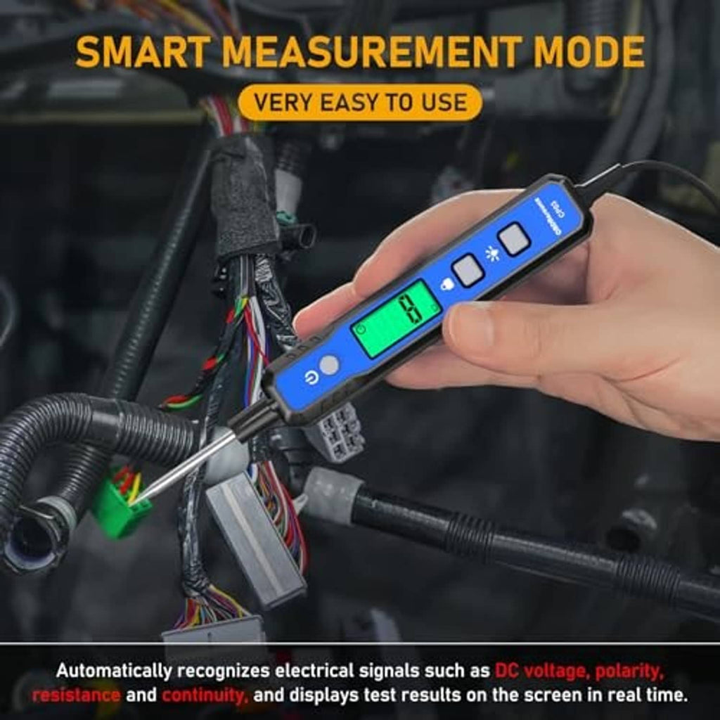 Hand holding a blue smart circuit tester with bright green digital screen and two test probes