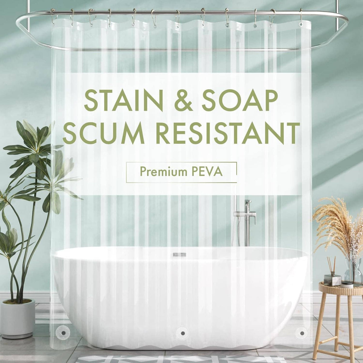 Clear shower curtain liner with top rod hooks and visible grommet holes