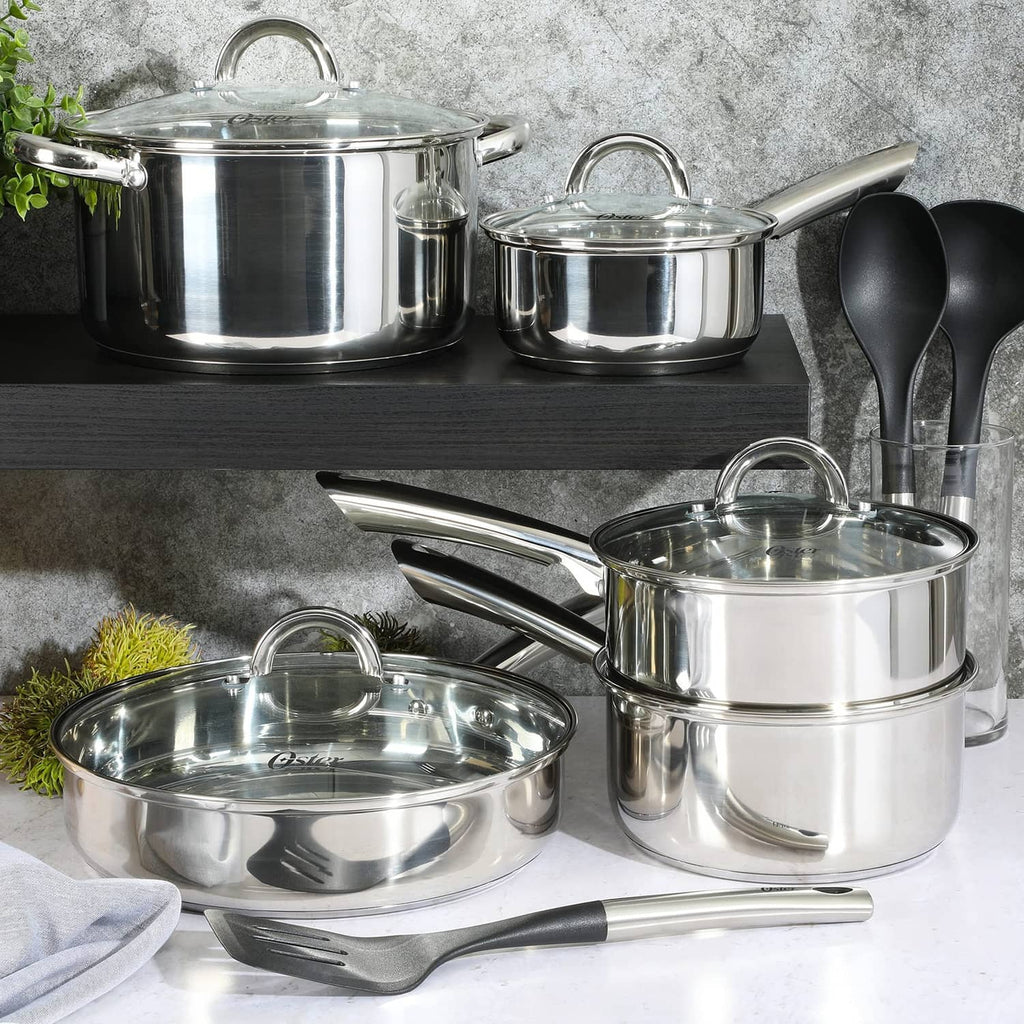 Oster Sangerfield 12-piece stainless cookware set with pots, pans, and utensils