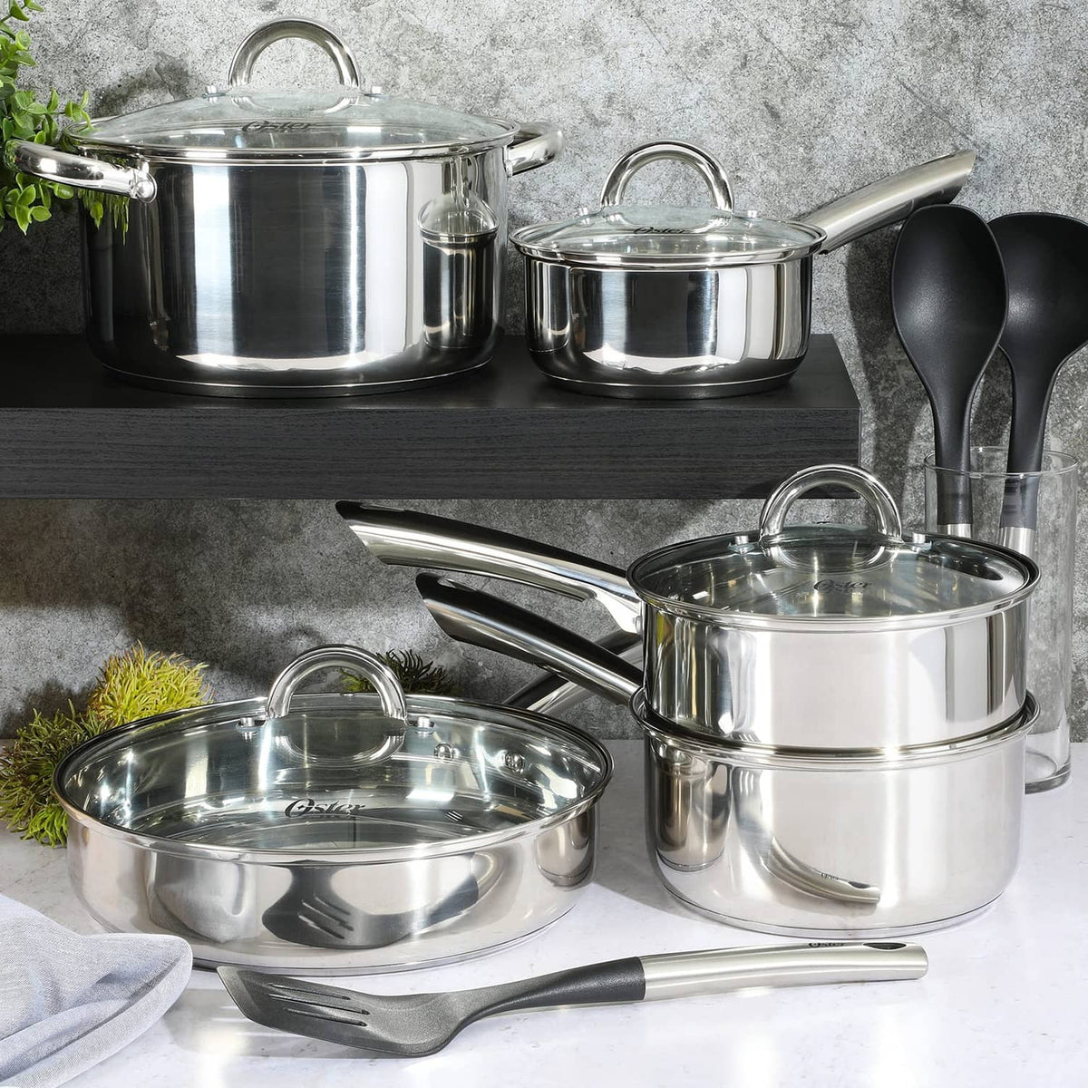 Oster Sangerfield 12-piece stainless cookware set with pots, pans, and utensils