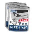Two rolled heavy-duty tarps, silver top with black underside, 4x6 ft size, grommets.