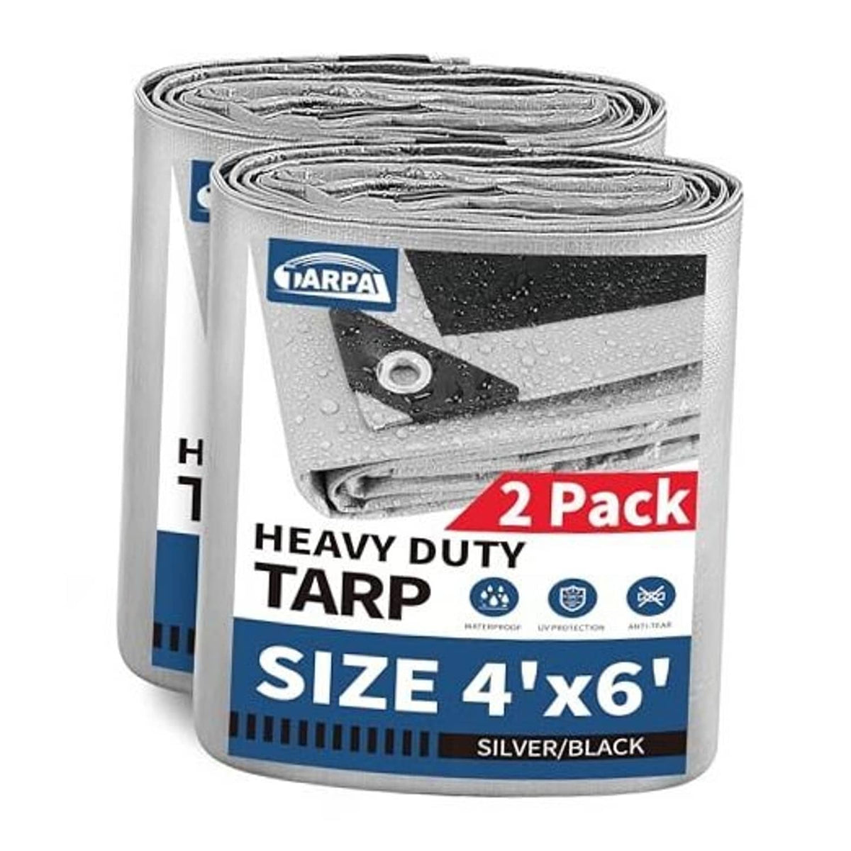Two rolled heavy-duty tarps, silver top with black underside, 4x6 ft size, grommets.