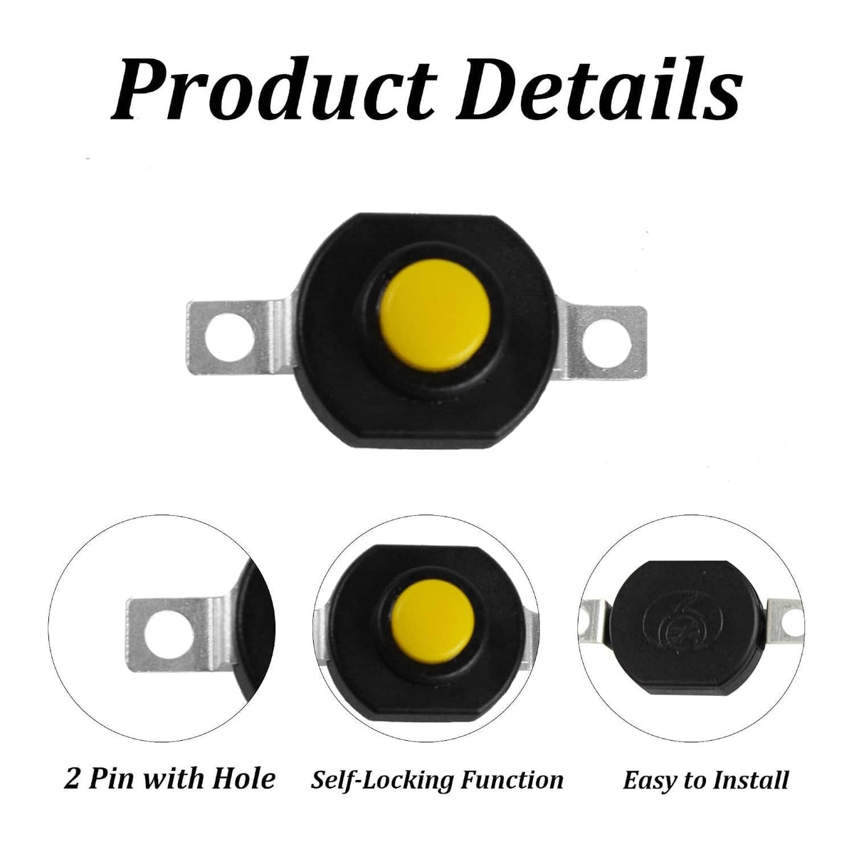Mini 2-pin self-locking push button switch, yellow button, black housing, metal terminals