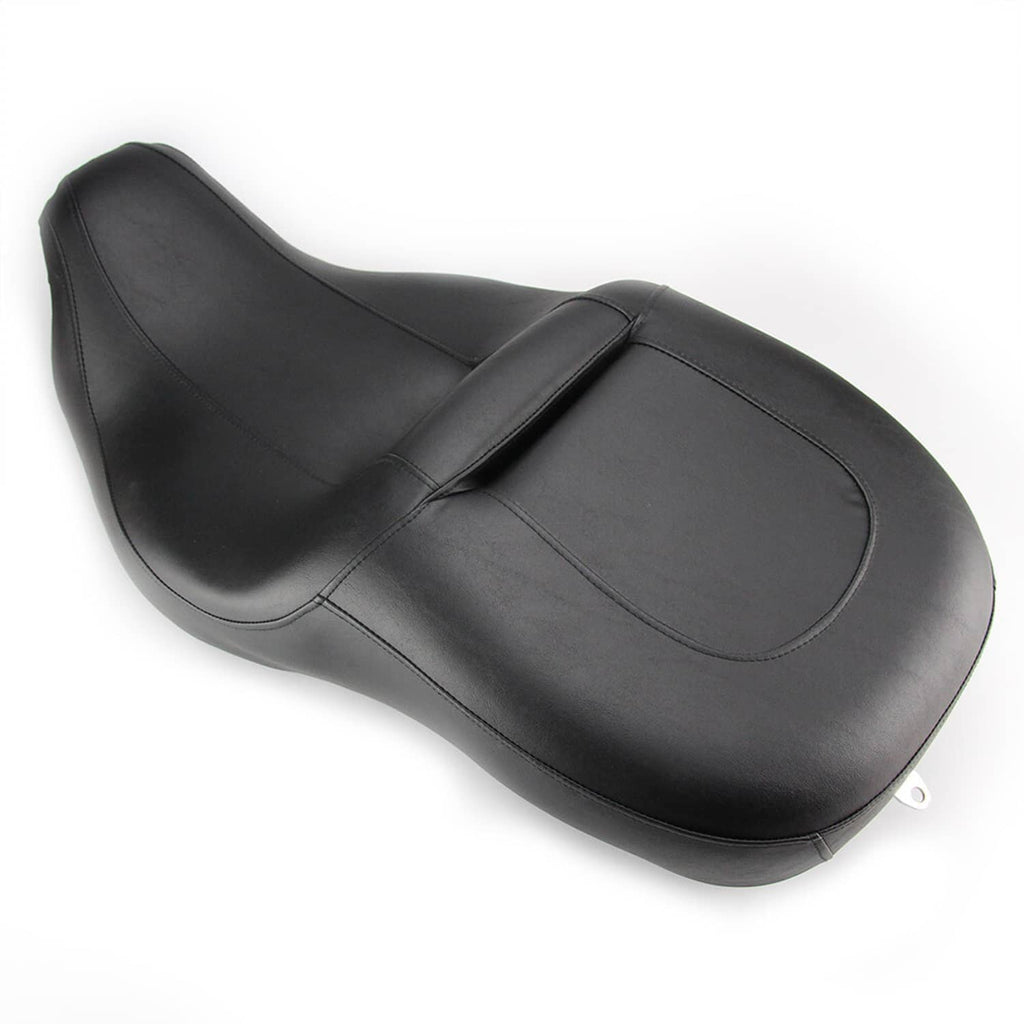 Black 2-up motorcycle seat with center panel seam and smooth top contour, side angle
