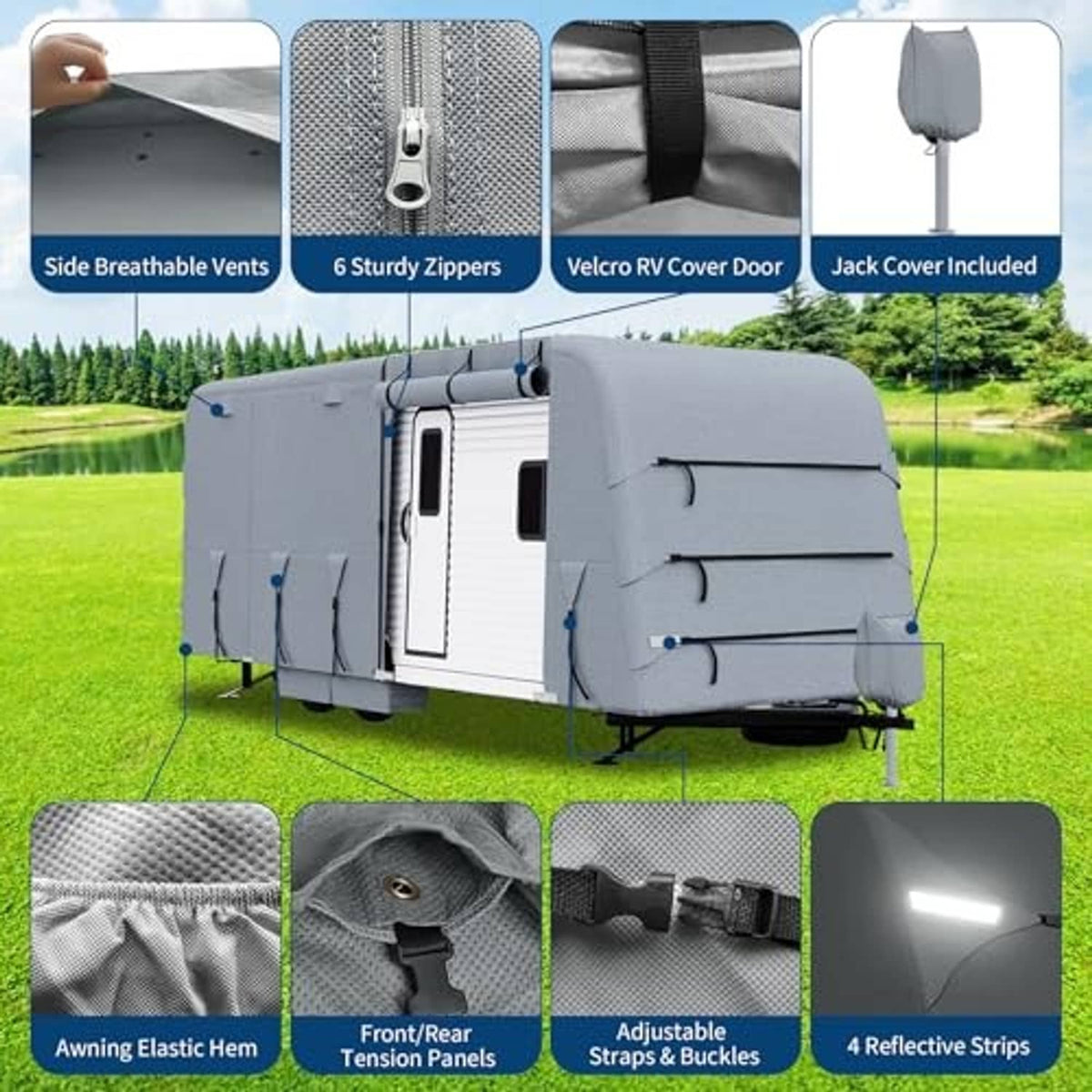 Grey RV cover with side vents, multiple zippered panels, and door opening