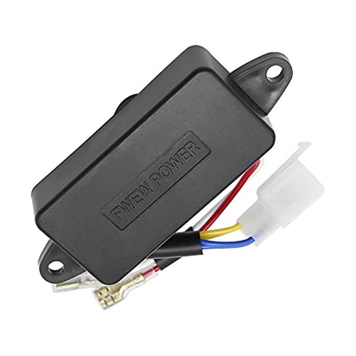 Black regulator module with embossed text, mounting eyelets, and colored wire leads