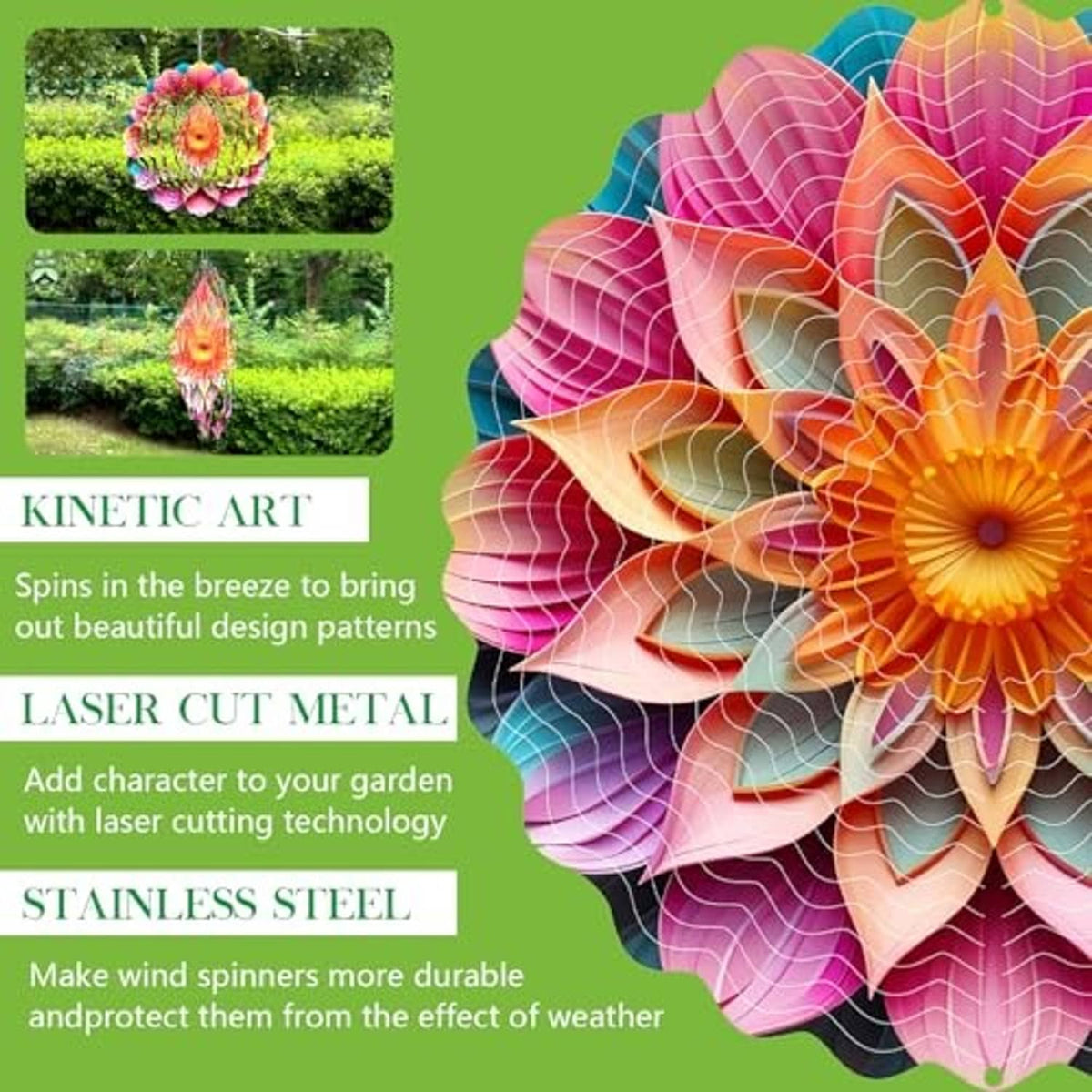 Colorful metal mandala wind spinner, layered petal design with central flower