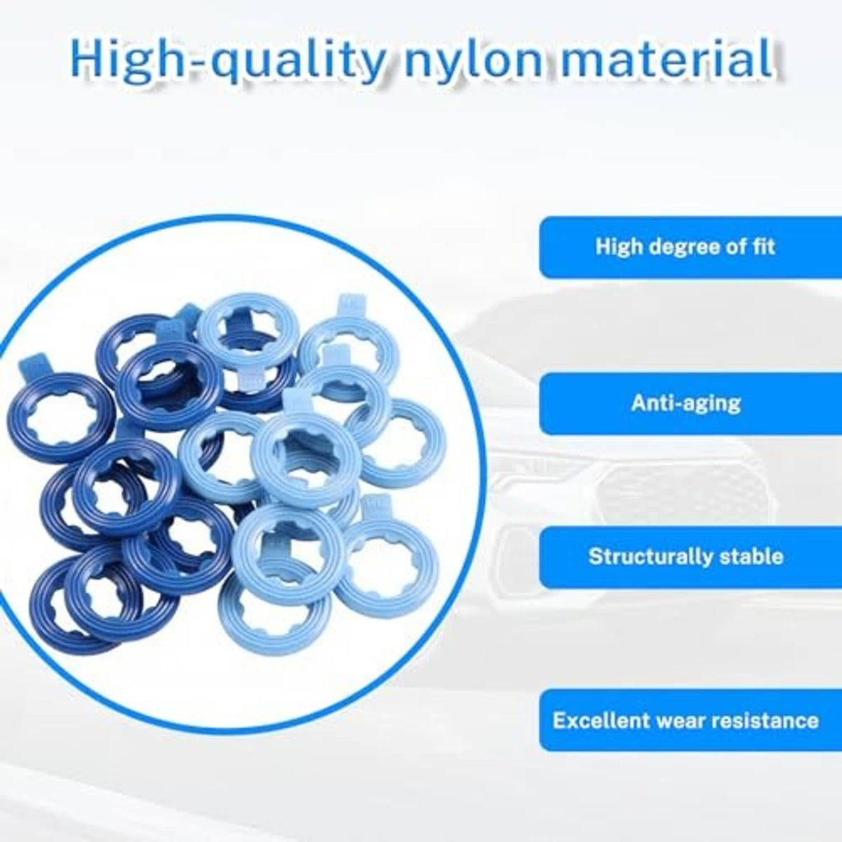 Nylon rib drain plug gasket kit with assorted blue ribbed ring gaskets