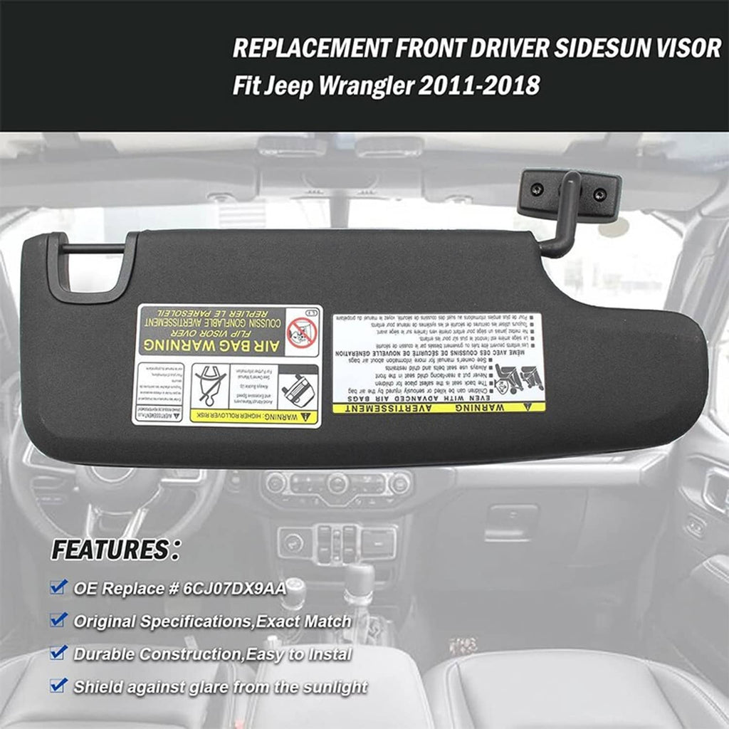 Black front driver sun visor replacement with mounting hardware