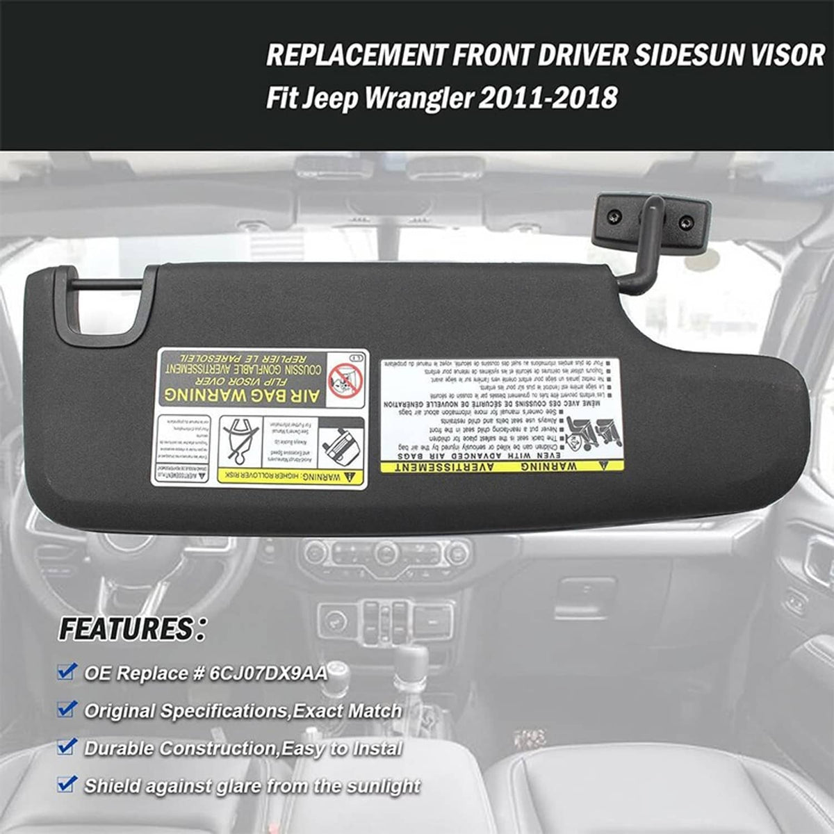 Black front driver sun visor replacement with mounting hardware