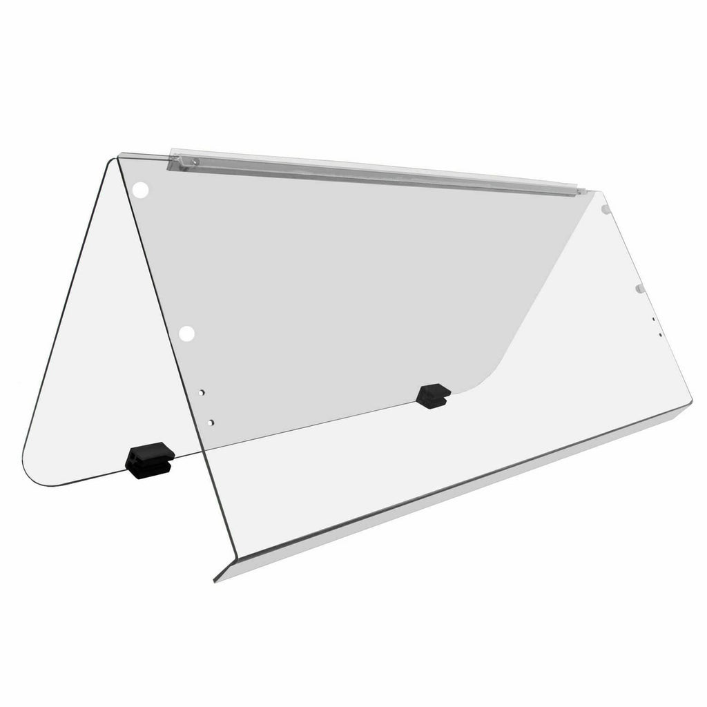 Clear folding windshield with black hinges and clear side panels