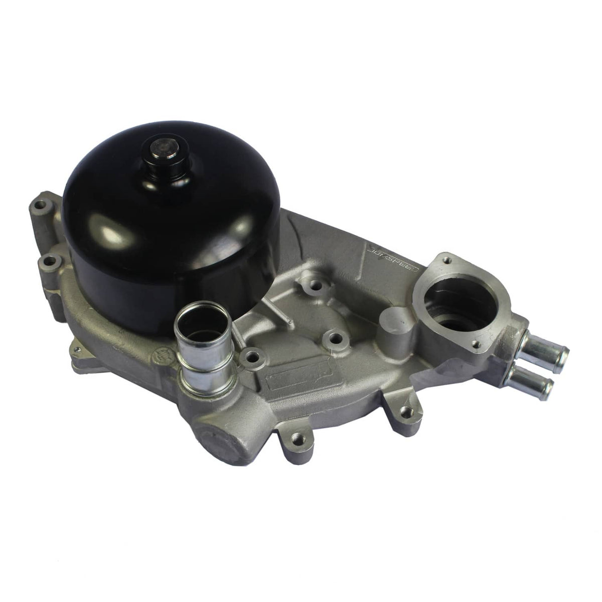 Water pump assembly with black domed cover and side inlet/outlet ports