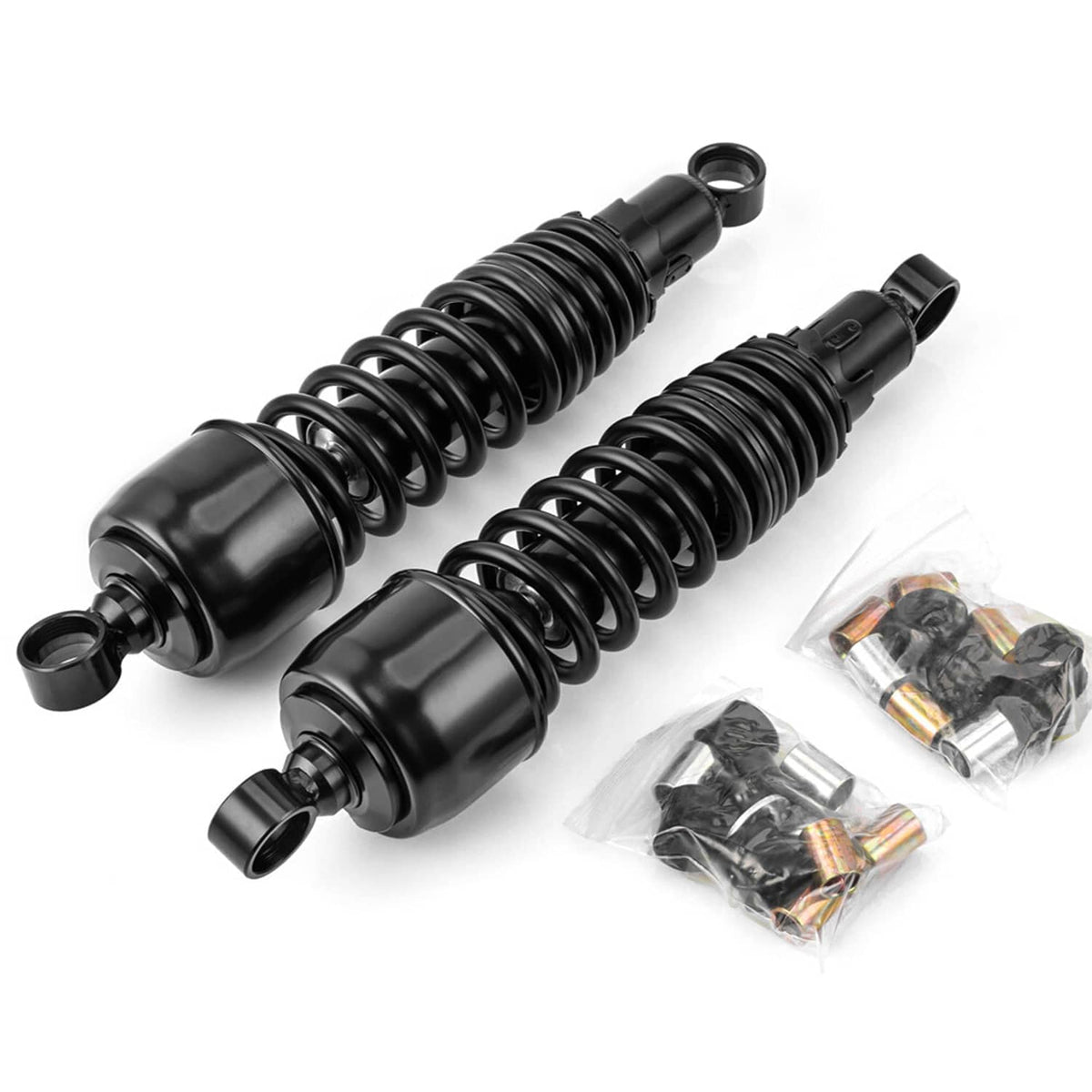 Black rear suspension shocks with coiled springs, cylindrical bodies, and hardware kit