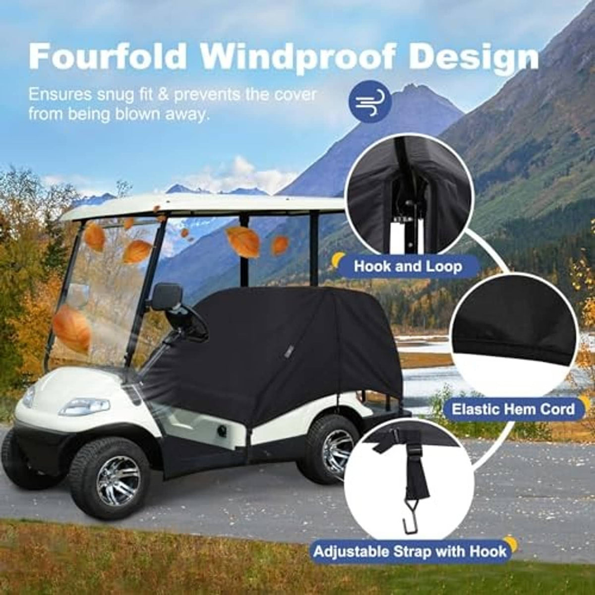 Black golf cart seat cover with hook-and-loop and elastic hem cord details