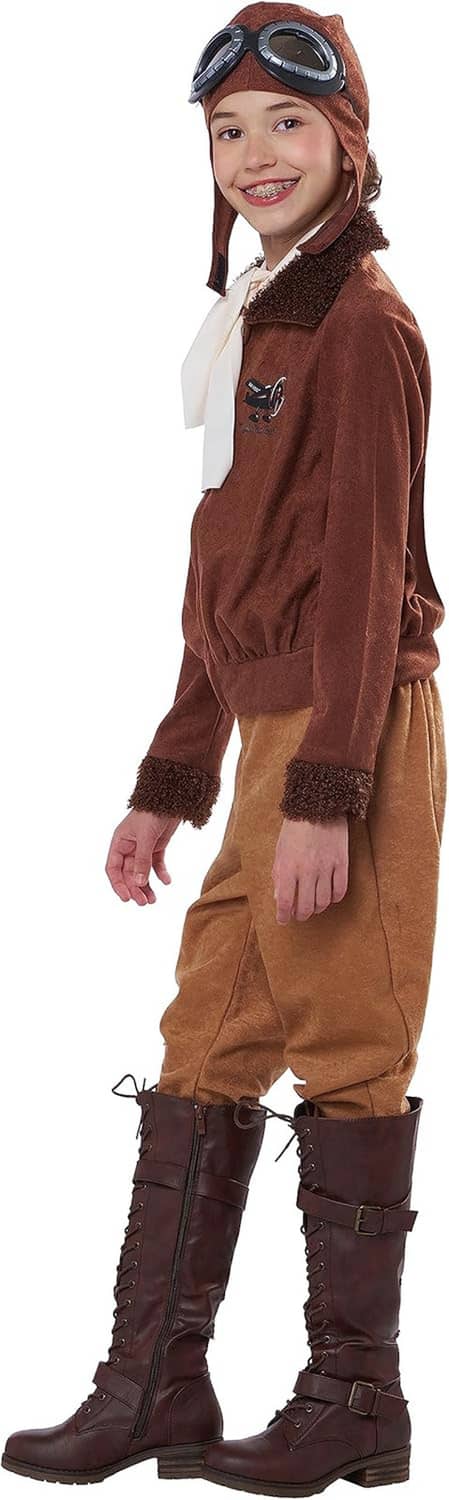 Kids aviator costume in brown and tan with white scarf, aviator hat, and lace-up boots