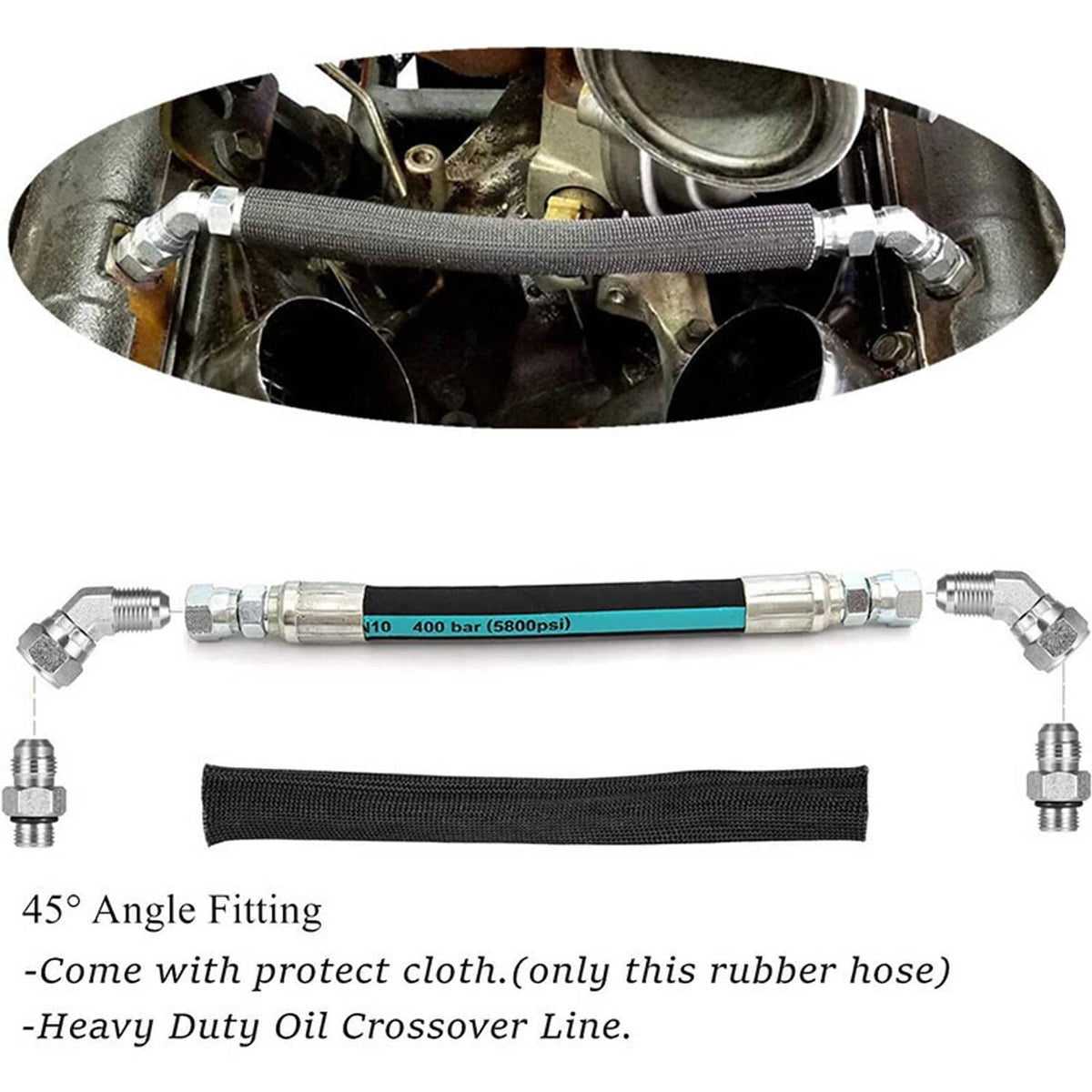 High-pressure oil hose set with 45-degree angle fittings and black protective cloth sleeve