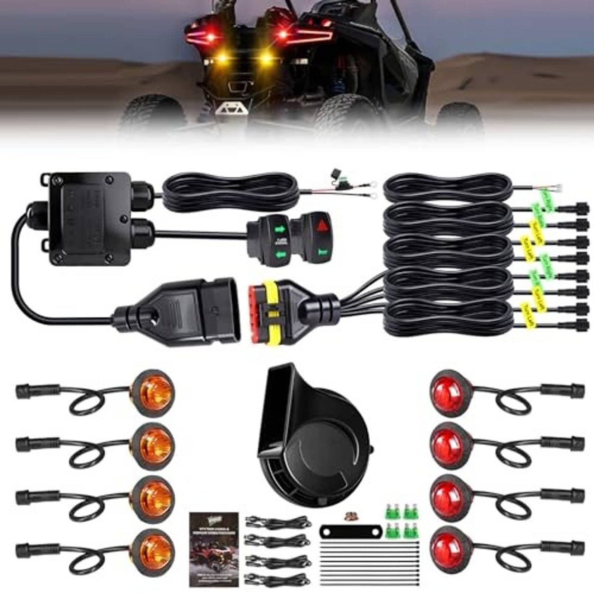 UTV turn signal kit with wiring harness, 8 LED pods, relay box, horn