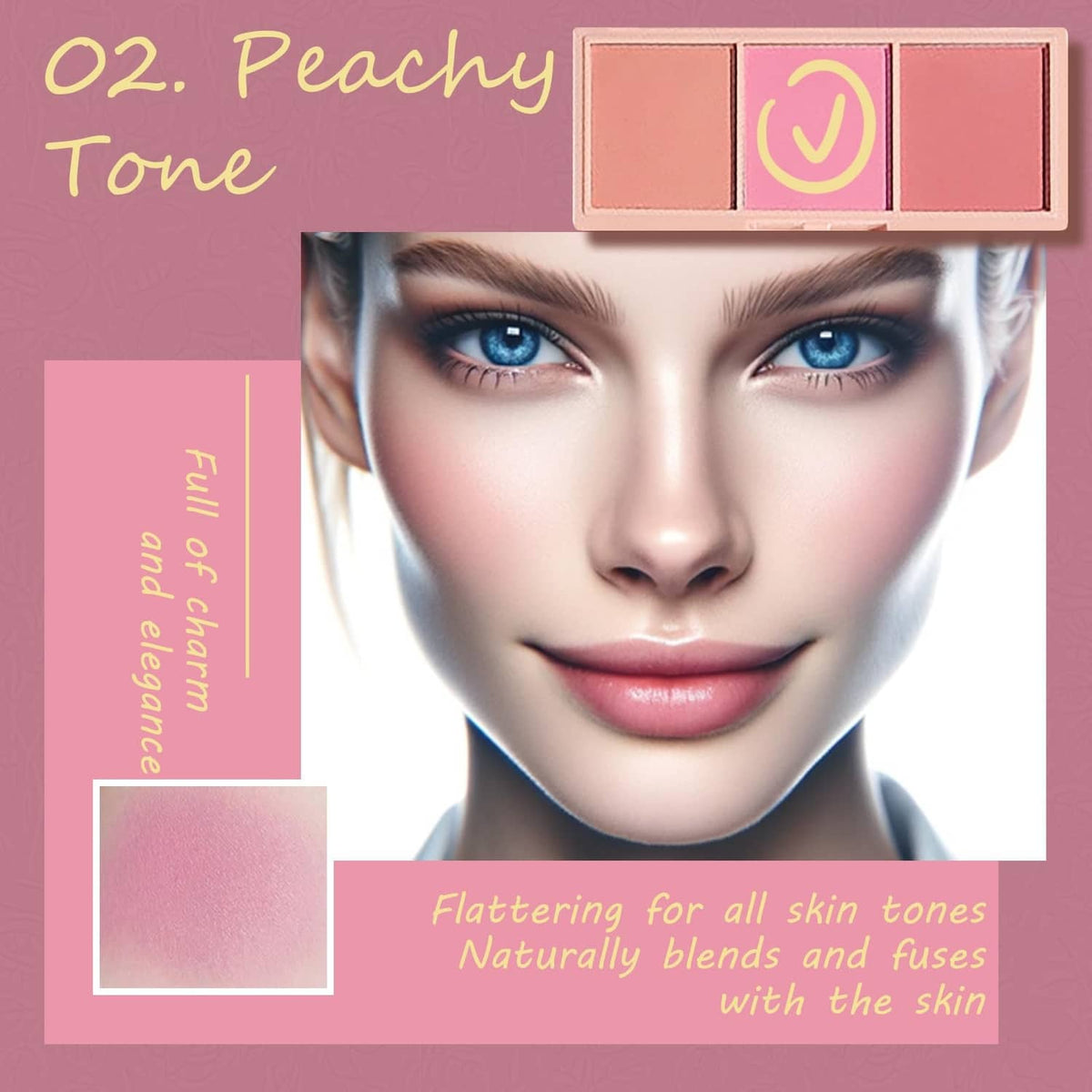 Matte blush palette with three pink-toned shades and mirror, includes blush brush