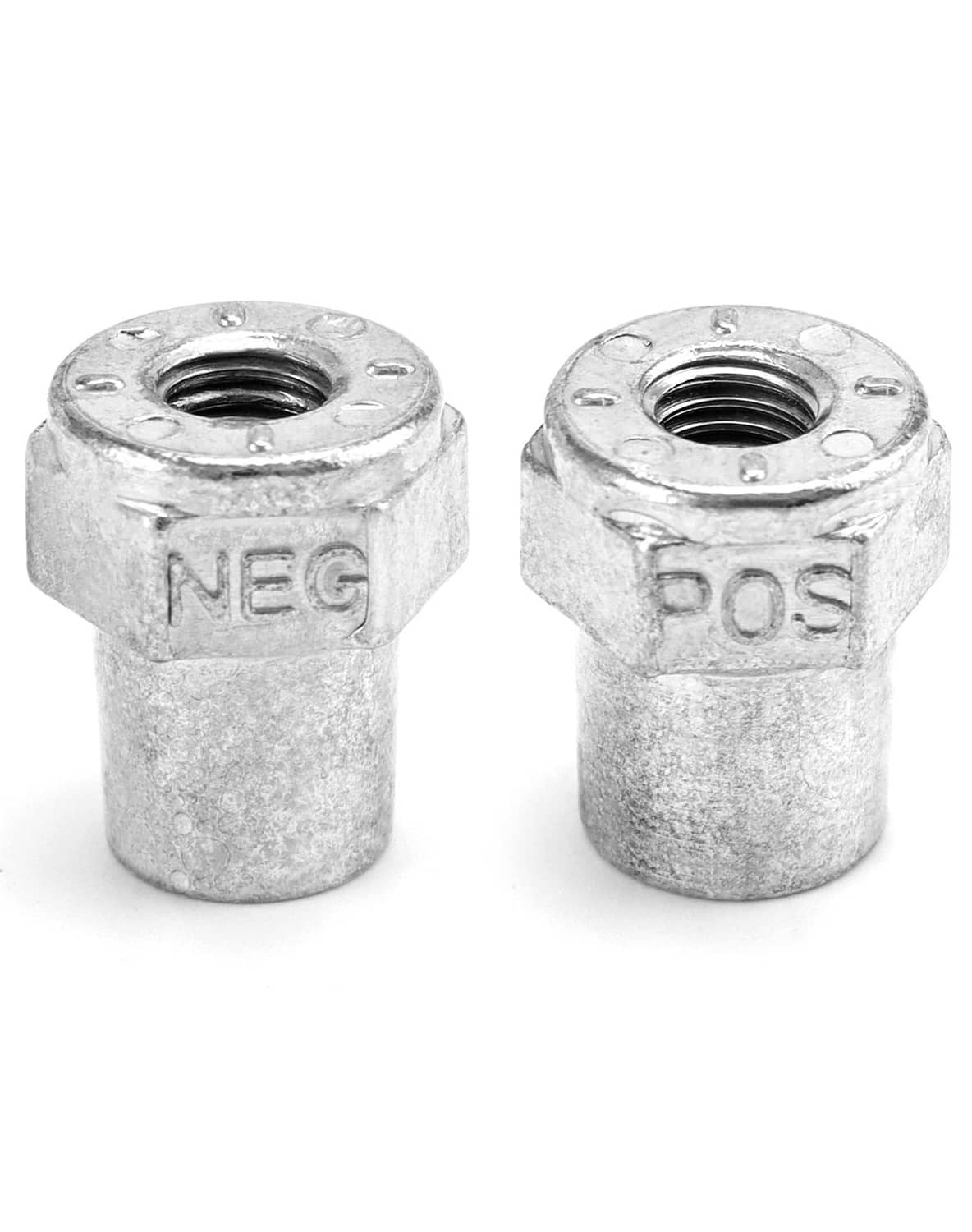 Battery terminal nuts, stamped NEG and POS, zinc alloy, two pieces.