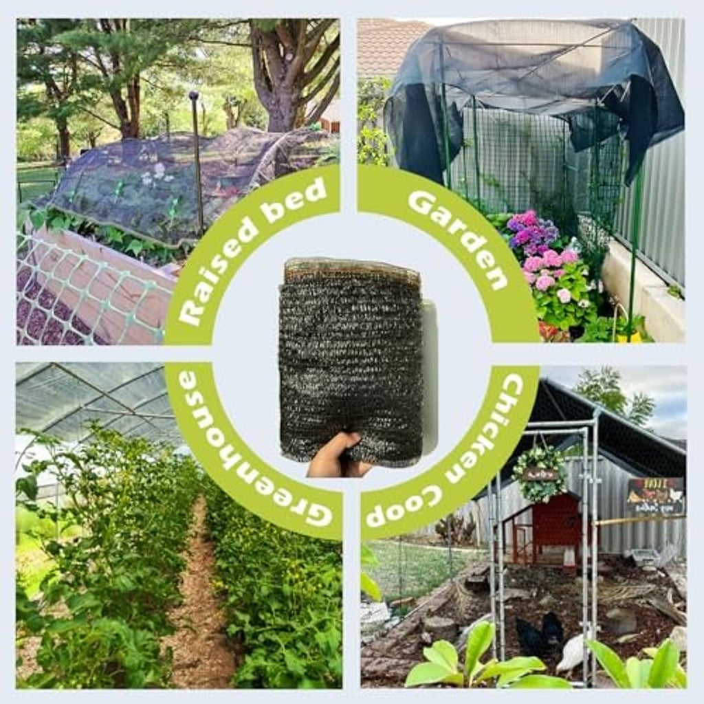 Black mesh shade cloth panels covering raised beds, garden frames, and rows