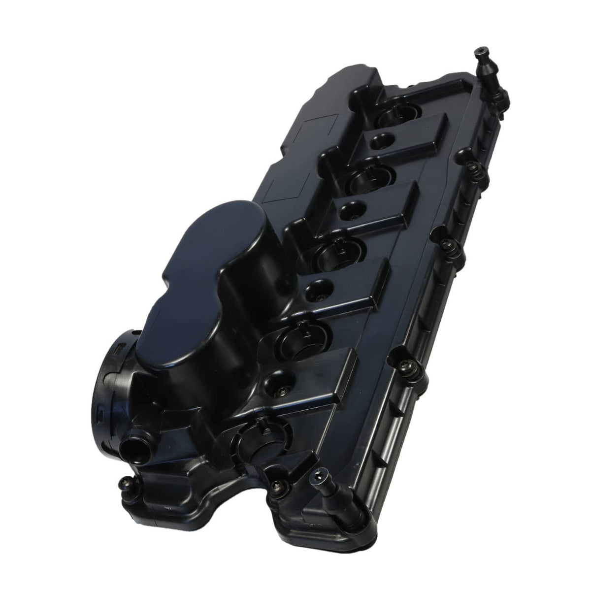 Engine valve cover with oil cap and internal features, black plastic, close angled view