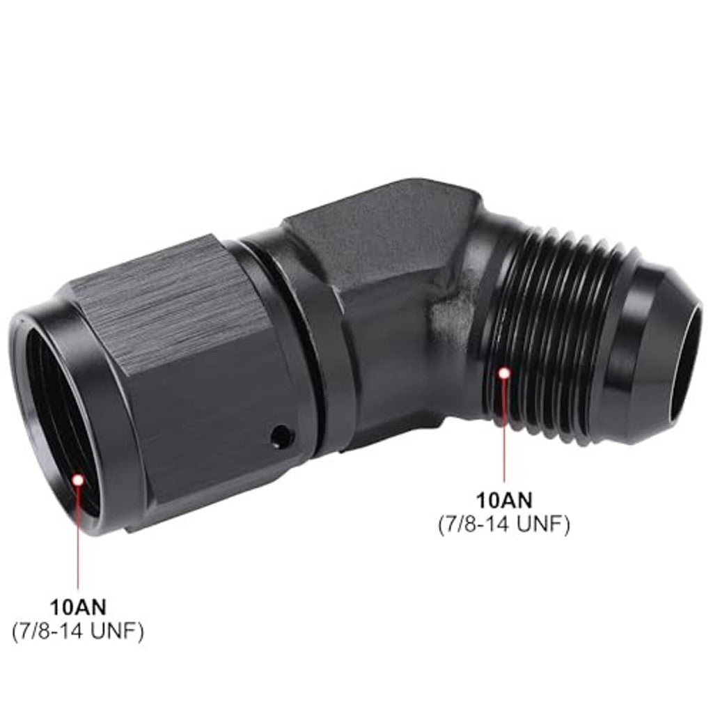 Black 45-degree elbow flare fitting, 10AN, one straight port and angled outlet