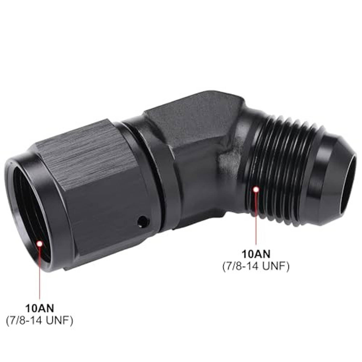 Black 45-degree elbow flare fitting, 10AN, one straight port and angled outlet
