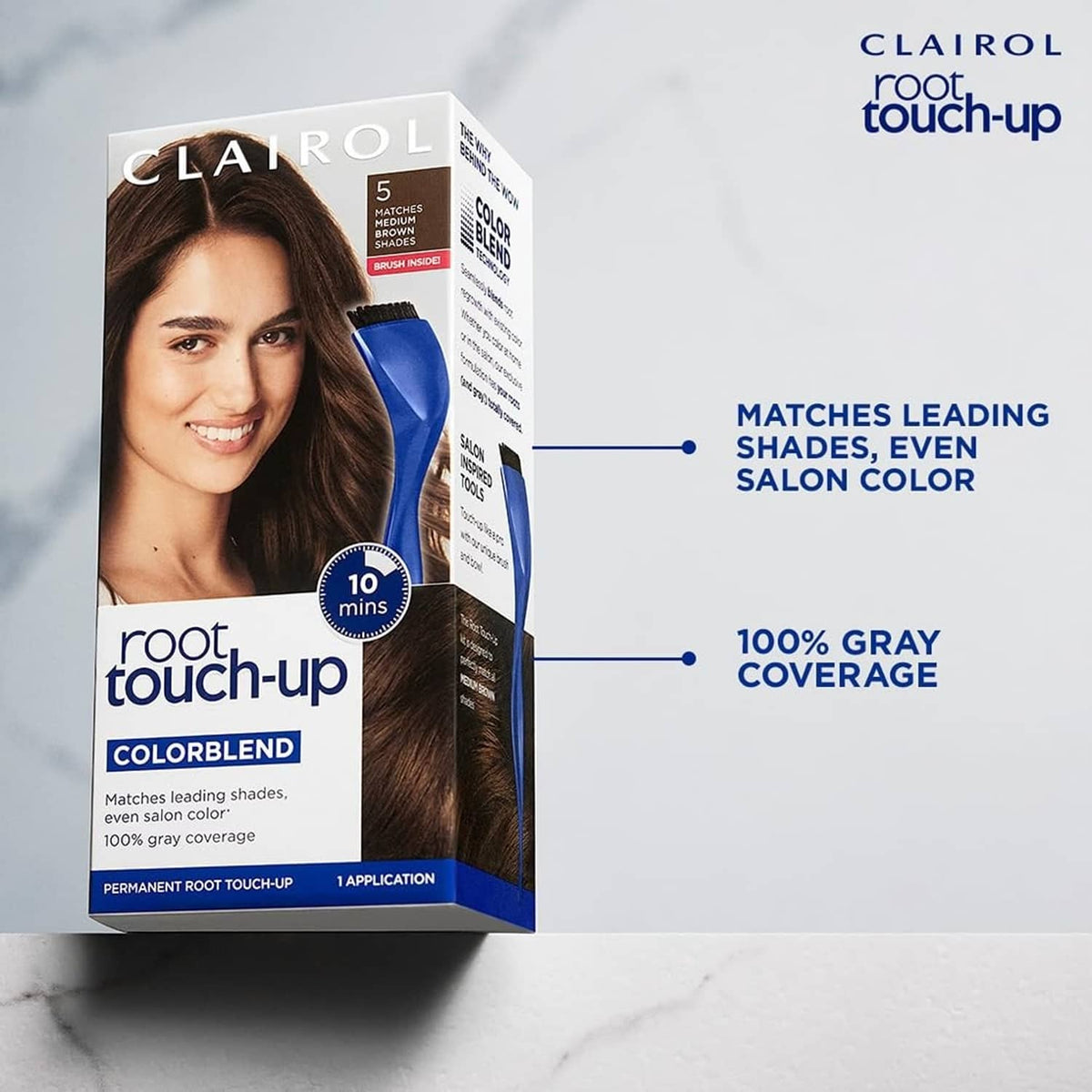 Clairol root touch-up hair dye box with 5R shade and product highlights