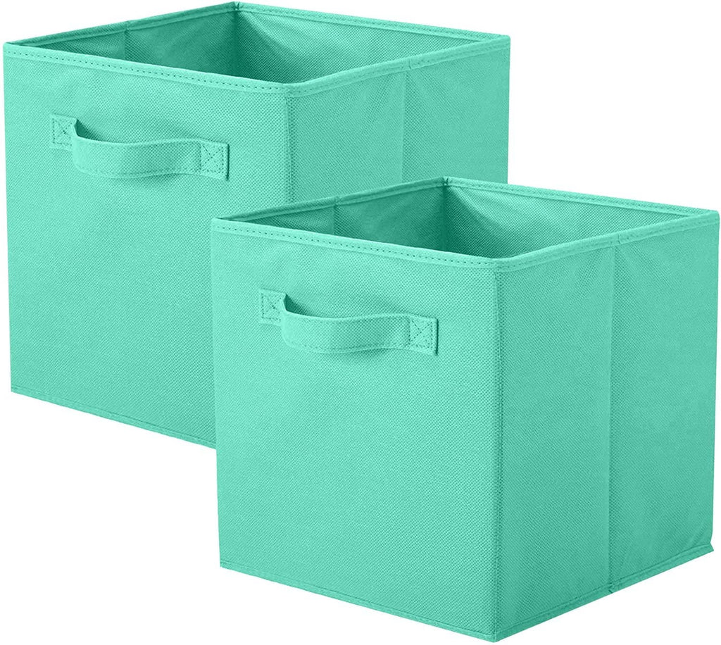 Mint green foldable fabric storage cube bins with front carry handles, two-pack