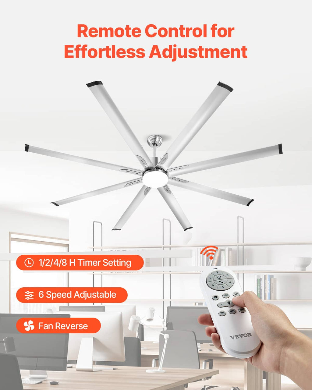 Brushed nickel ceiling fan with remote control for 6 speeds and timer settings