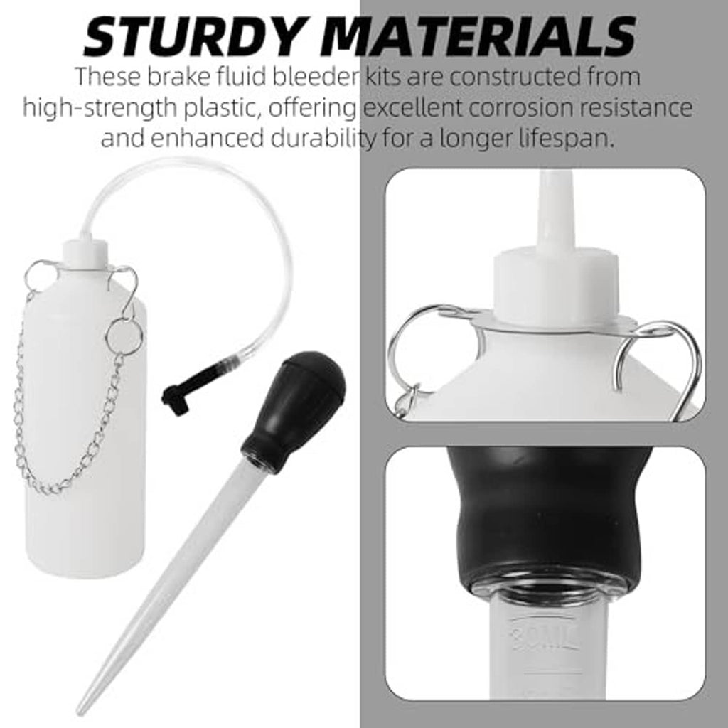 Brake bleeder kit components: white bottle, clear hose, black connector, and white dipper tube