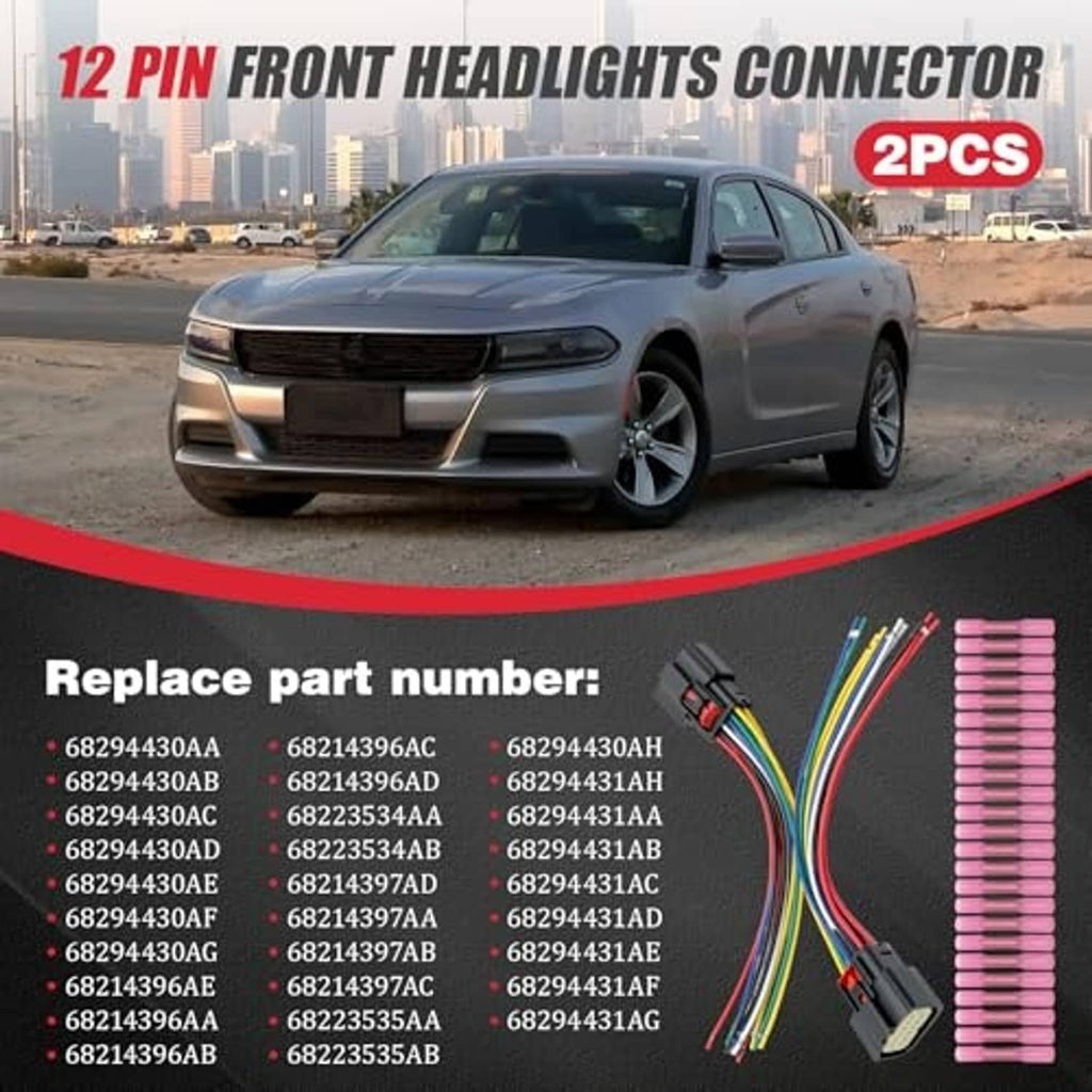12-pin front headlight connector pigtails with multi-color wires and pink terminal blocks