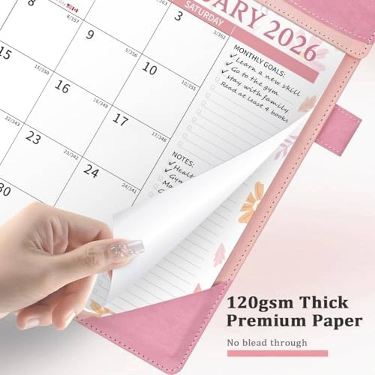 Pink leather calendar corner with thick premium paper and pages protected under cover