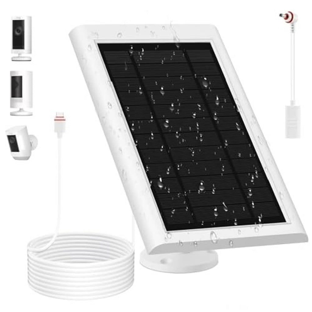 White solar panel charger with black photovoltaic cells and base stand, with attached cable