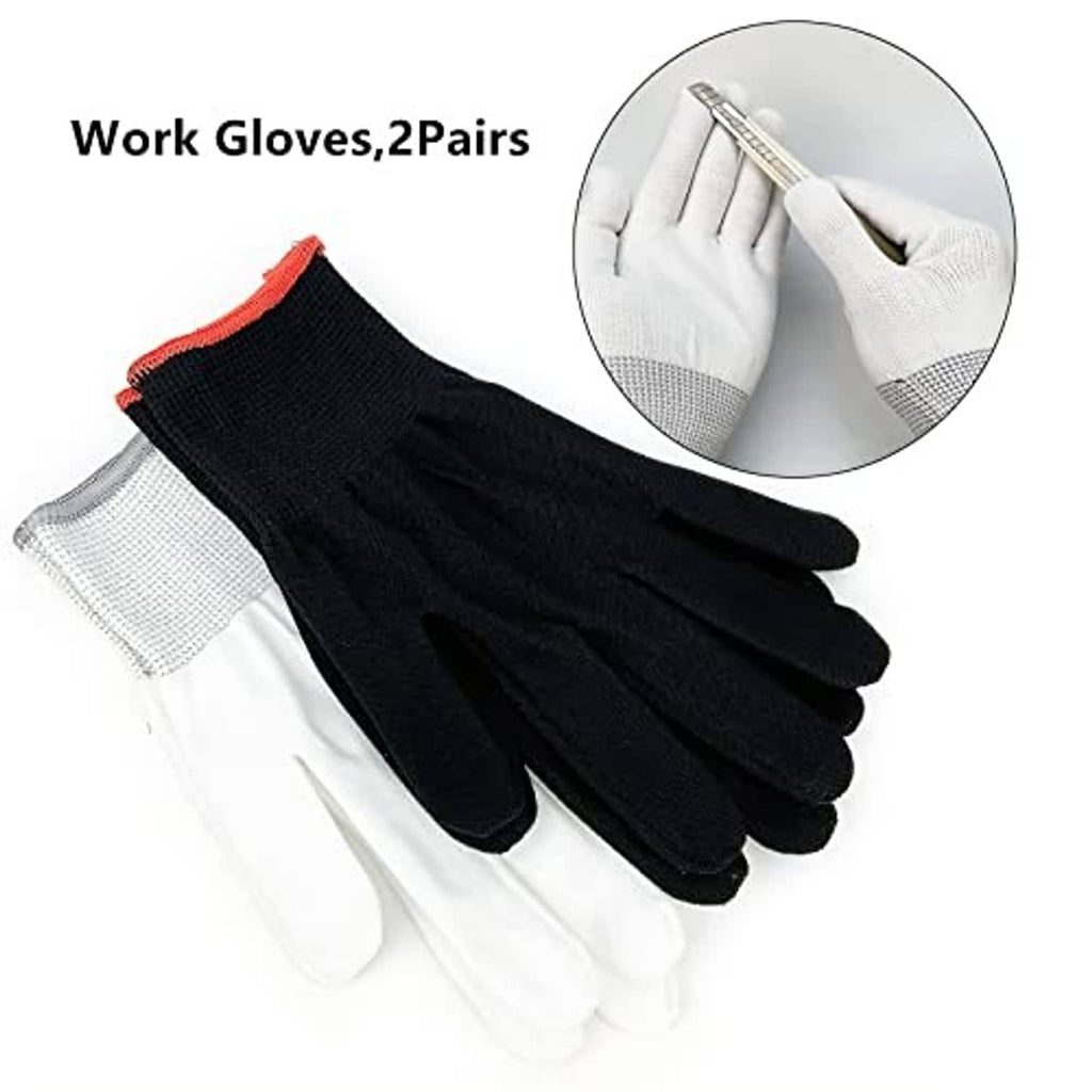 Pair of vinyl wrap gloves, white and black knit with textured grip for handling film