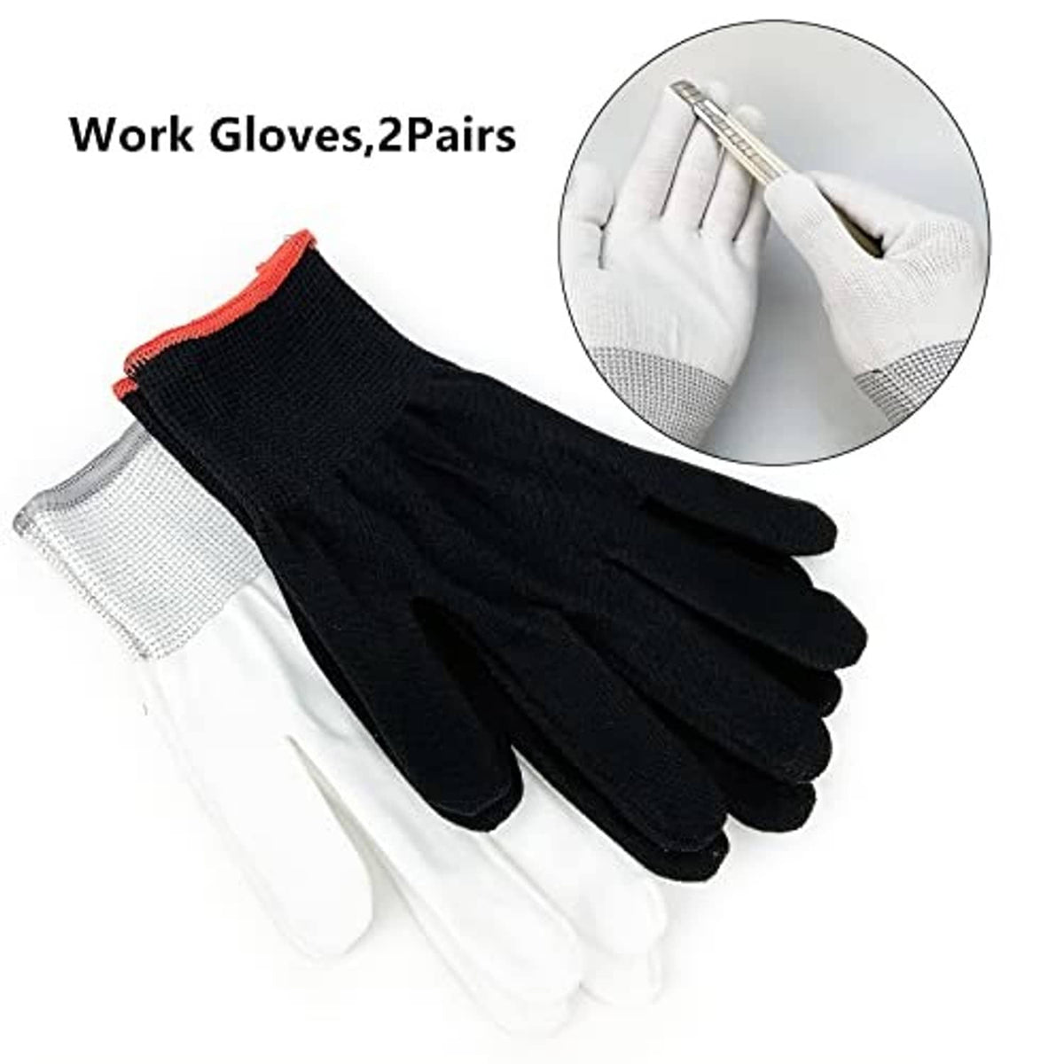 Pair of vinyl wrap gloves, white and black knit with textured grip for handling film