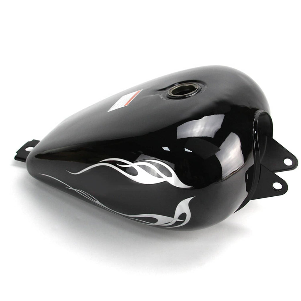 Black fuel tank with fuel cap opening and silver flame graphics, side mounting bracket