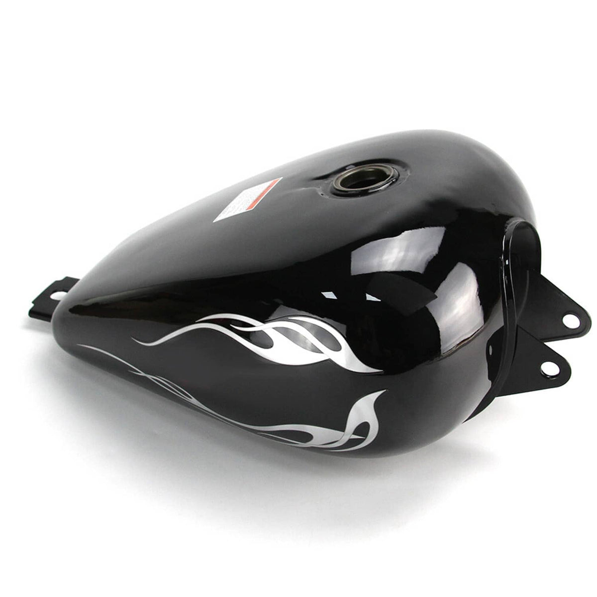 Black fuel tank with fuel cap opening and silver flame graphics, side mounting bracket