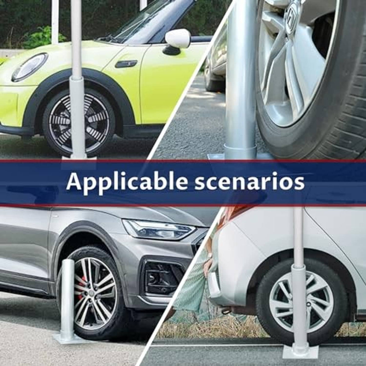 Metal flag pole tire mount with upright pole installed at car wheel