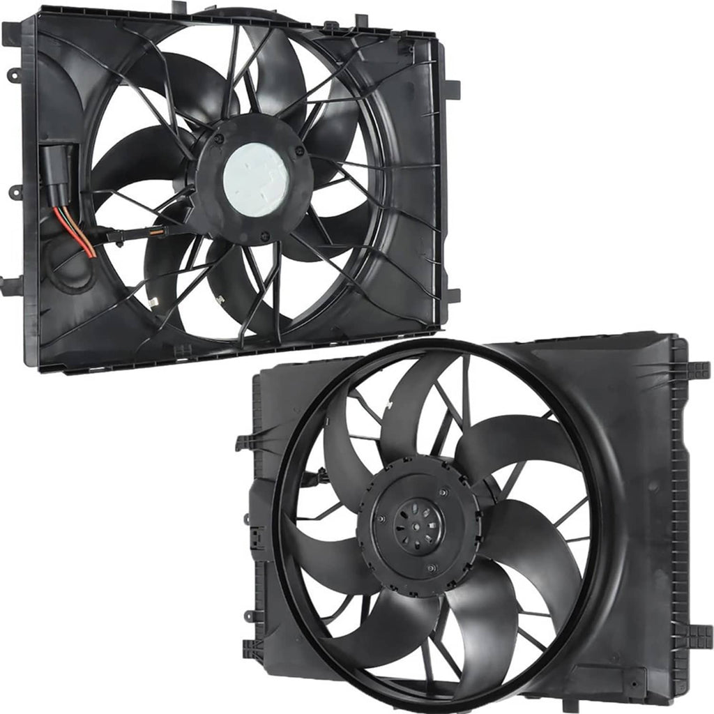 Radiator cooling fan showing two different fan/shroud views with black blades.