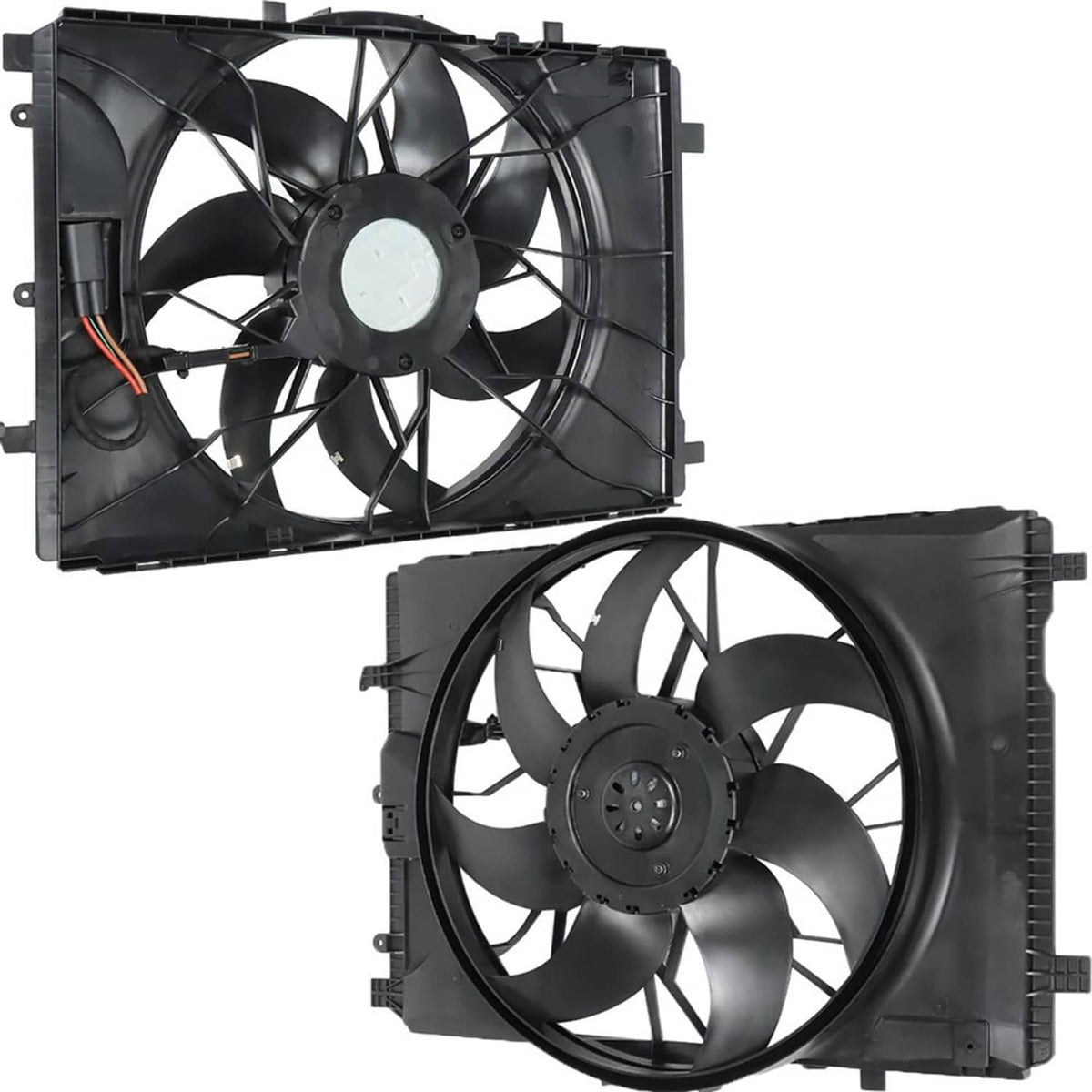 Radiator cooling fan showing two different fan/shroud views with black blades.