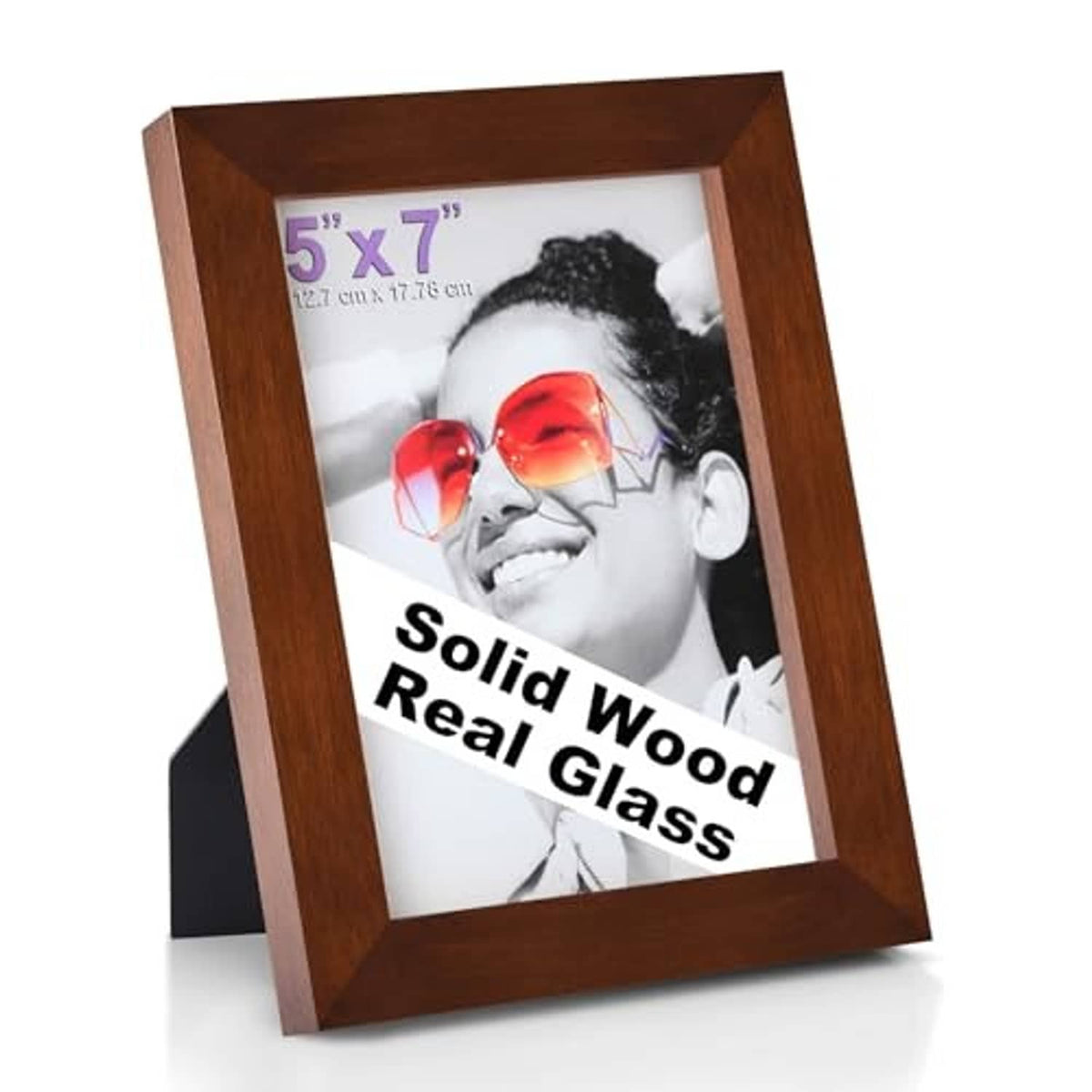 Brown solid wood 5x7 picture frame with real glass and photo display